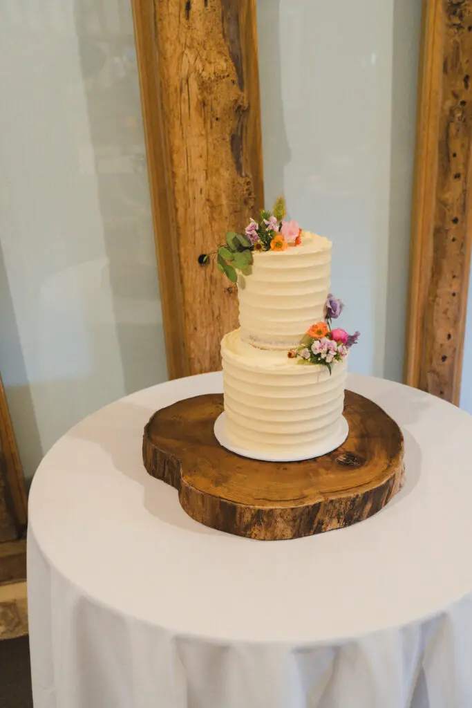 manage a wedding budget = a 2-tier wedding cake with fresh flowers