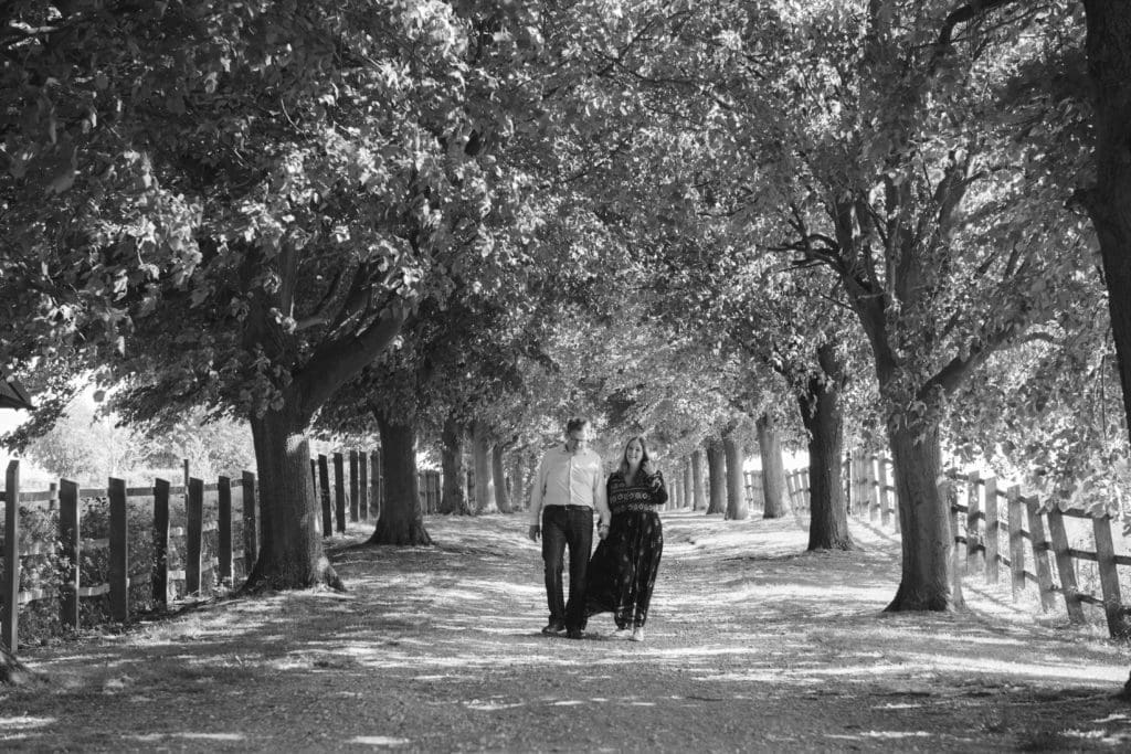 Engagements portfolio - a couple walk in the distance down a Tree Lined Avenue B&W image