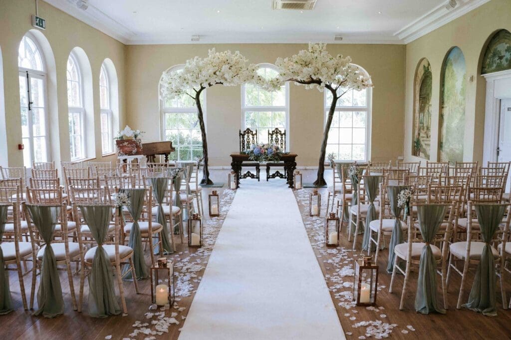 Braxted Park Wedding Photographer - The Orangery set up for a wedding ceremony